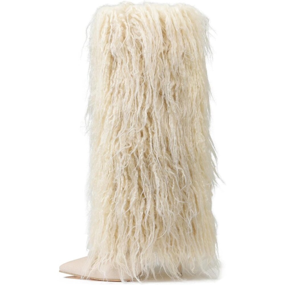 Women's B-Beige Suede Fur Knee High Heels Wide Calf Fold Fashion Boots Shoes
